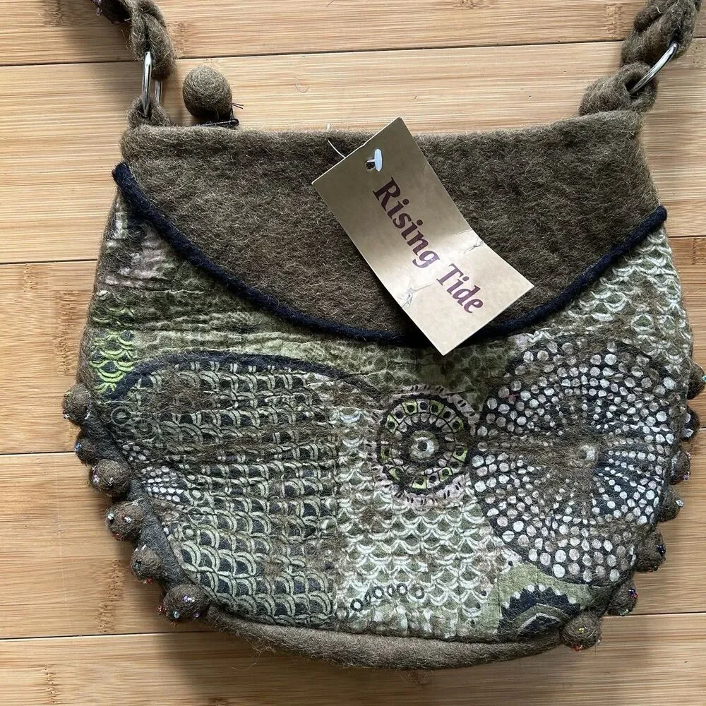 Rising Tide Wool Felted Shoulder Bag Purse Olive Green Artsy Handmade Zipper